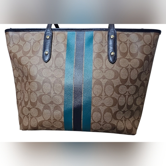 Coach Signature Varsity Stripe City Zip Leather PVC In Khaki/watermelon/navy. - Picture 2 of 14